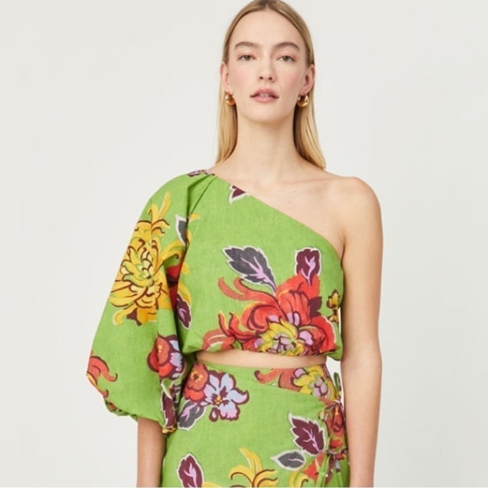 RHODE Kristie One Shoulder Puff Sleeve Top in Green Lanai Print. Size 0 NWT